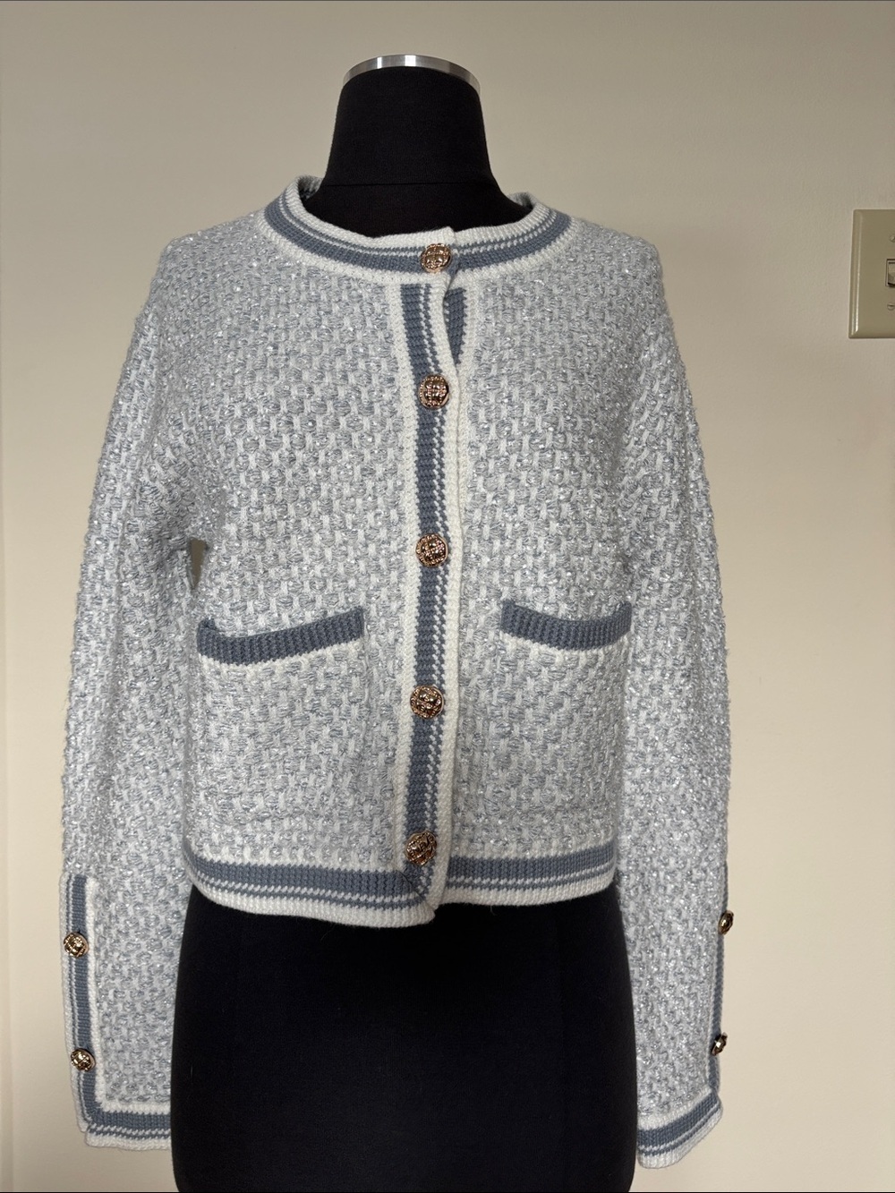 Chunky Cropped Blazer Cardigan Metal Buttons in Light Blue and White Like New - Picture 5 of 15